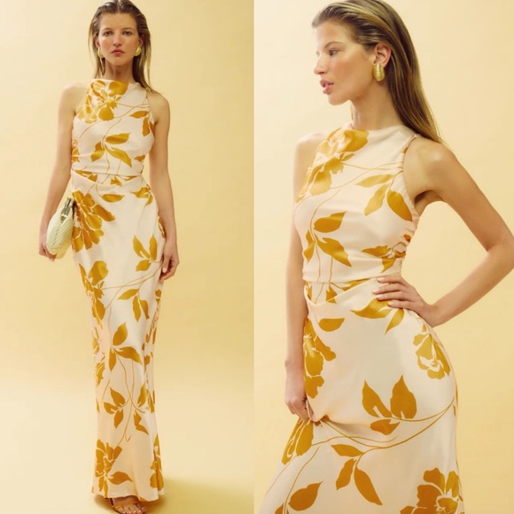 NWT Reformation Anaiis Silk Floral Maxi Dress in Yellow Cream - Picture 4 of 11